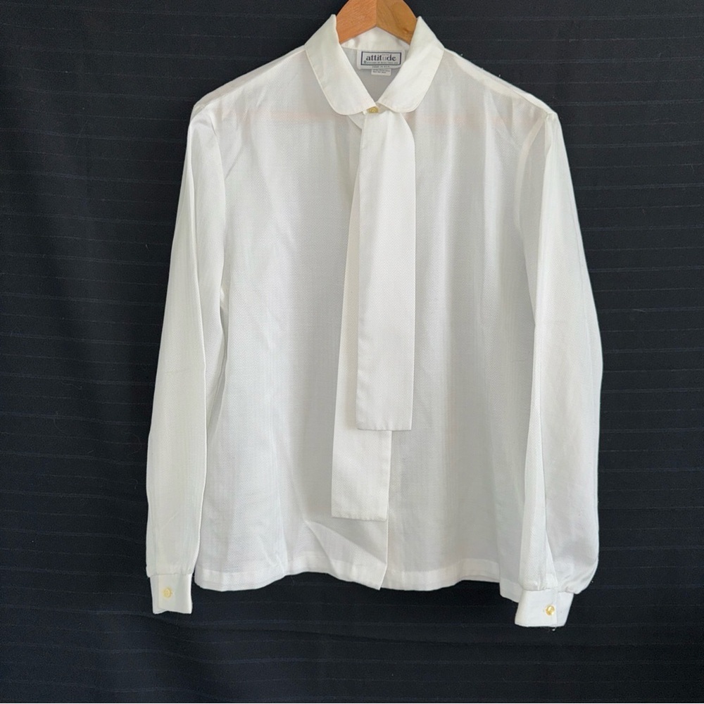 Vintage New Attitude White Herringbone Long Sleeve Button Up Blouse Shirt 14
